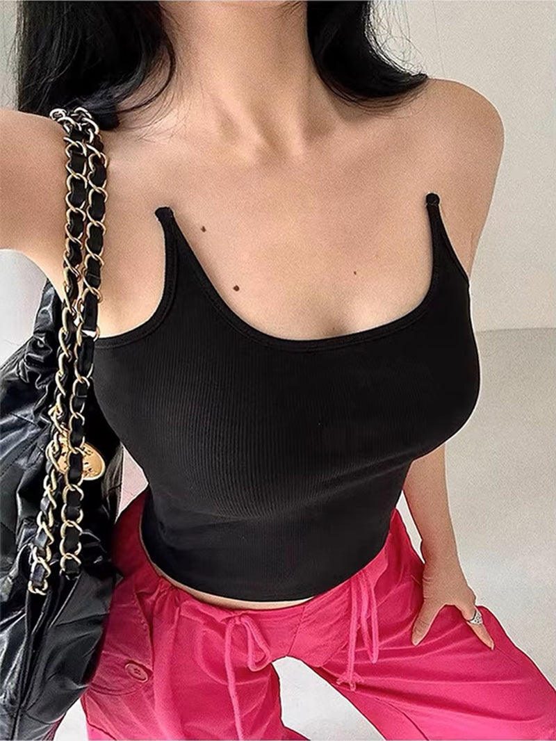 Invisible Straps Hot Sexy Women'S Street Y2K Mini Tank Top Sleeveless U Collar Solid Slim Fit 2023 Summer Patchwork Cropped Tops